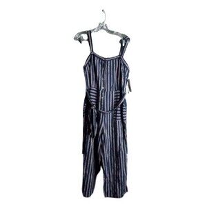 Dex Cropped Linen Blend Belted Sleeveless Jumpsuit Navy/Red Striped - Size Large